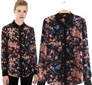 OA*SIS 歐美新款女裝批發(fā) 翻領(lǐng)碎花印花雪紡襯衣長袖襯